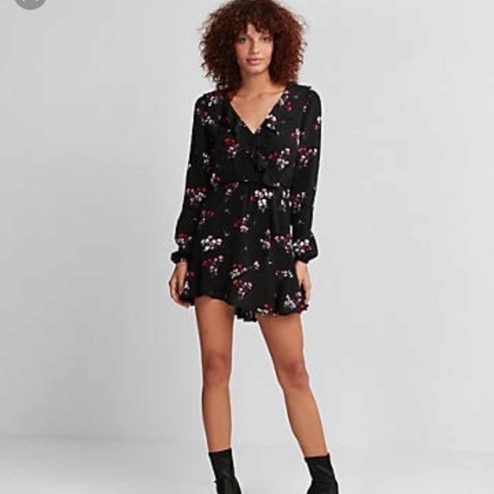 Express black floral ruffle wrap front dress